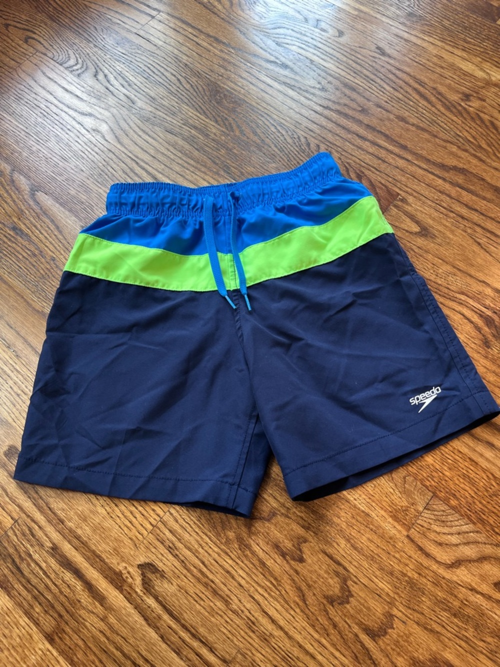 Speedo Boys Navy Swim Shorts with Blue Waistband & Lime Stripe size L